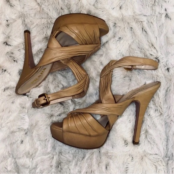 Prada nude beige tan leather strappy buckle platform heel 38 8 - Picture 1 of 10